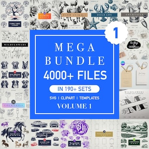 Może przedstawiać: Cyfrowy kolaż graficzny przedstawiający mega pakiet ponad 4000 plików w ponad 190 zestawach, w tym SVG, clipart i szablony. Centralny niebieski kwadrat zawiera tekst MEGA BUNDLE 4000+ FILES IN 190+ SETS SVG | CLIPART | TEMPLATES VOLUME 1.