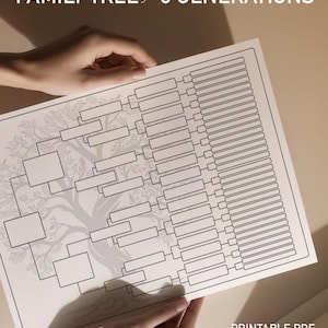 May include: A printable family tree chart for six generations. The chart features a tree graphic with rectangular boxes for names and dates. The text "FAMILY TREE for 6 GENERATIONS" is at the top. The bottom right corner reads "PRINTABLE PDF A4 | LETTERSIZE".