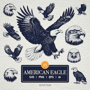 Op de afbeelding: Een verzameling van 18 illustraties van Amerikaanse adelaars in verschillende poses, waaronder vliegen en zitten. De ontwerpen zijn in donker marineblauw, met een gedetailleerde vintage stijl. Een rechthoekig bord leest "AMERICAN EAGLE" met bestandstype-opties.