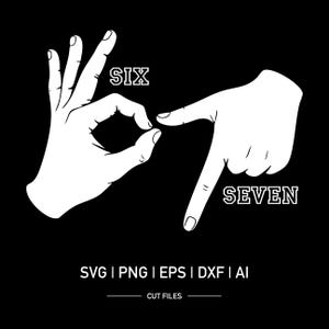 Puede incluir: Un gráfico en blanco y negro que muestra dos manos que demuestran los números seis y siete en lenguaje de señas español. La palabra "SIX" está encima del gesto de la mano para seis, y "SEVEN" está encima del gesto de la mano para siete. Opciones de tipo de archivo debajo.