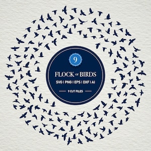 May include: A circular design featuring a flock of dark blue birds in flight, surrounding a central navy blue circle. The circle contains the number 9 and the text "FLOCK OF BIRDS" with file type information and "9 CUT FILES". The background is a light beige.