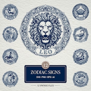 Può includere: Una collezione di dodici illustrazioni vintage dei segni zodiacali in blu navy. Ogni segno è raffigurato in una cornice circolare dettagliata. L'immagine centrale presenta un leone dettagliato con la parola "LEO". Un cartello rettangolare recita "ZODIAC SIGNS".