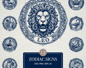 May include: A collection of twelve vintage zodiac sign illustrations in navy blue. Each sign is depicted in a circular frame with intricate details. The central image features a detailed lion with the word "LEO". A rectangular sign reads "ZODIAC SIGNS".