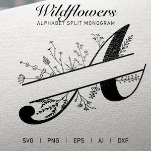 Paquete de alfabeto de flores silvestres con monograma dividido, fuente decorativa personalizada vintage elegante de la A a la Z, ESP, DXF, Png, SVG, Cricut, silueta, archivo de corte