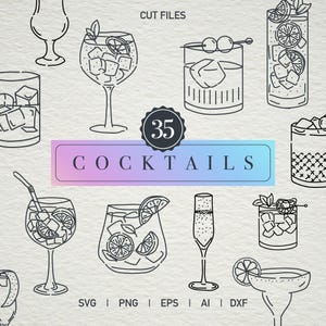Lot de 35 illustrations de cocktail SVG Cocktail Signature Clipart boisson contour cocktail de mariage PNG Menu de boisson de mariage fichiers coupés Cricut