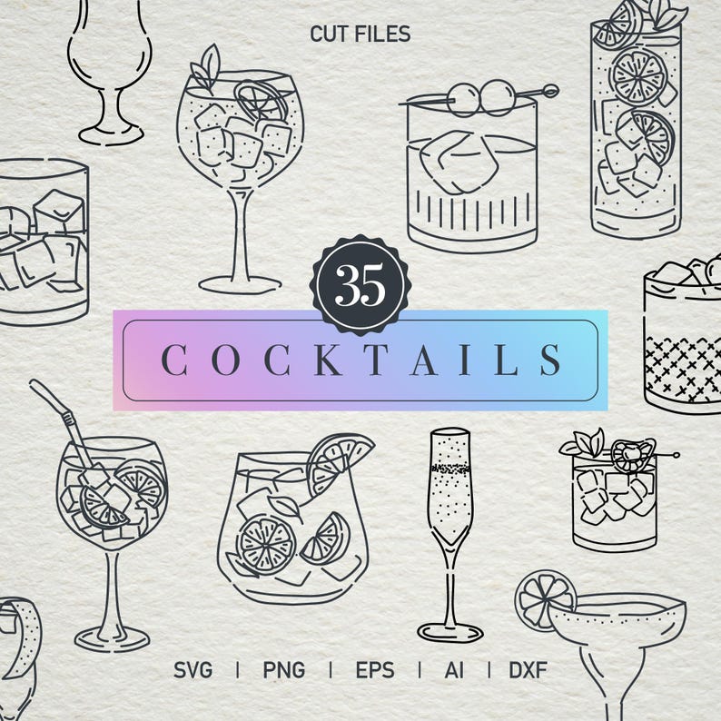 May include: A set of 35 black and white line art illustrations of cocktails. The illustrations are in a variety of styles, including classic, modern, and whimsical. The set includes a variety of popular cocktails, such as margaritas, martinis, and mojitos.  CUT FILES SVG PNG EPS AI DXF