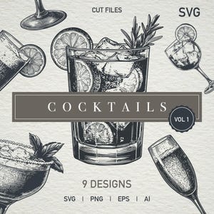 Lot de cocktails vintage SVG Cocktail Signature Clipart boisson Illustrations ligne Cocktails de mariage PNG Menu de boisson de mariage fichiers coupés Cricut