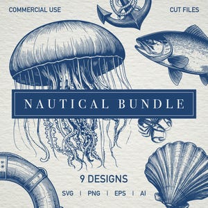May include: A nautical themed digital clipart bundle featuring nine designs. The designs include a jellyfish, a fish, an anchor, a seashell, a crab, and a life preserver. The designs are in a vintage style and are perfect for creating nautical themed crafts, invitations, and other projects.