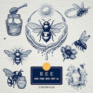 May include: A set of 12 vector files with bee-related illustrations in navy blue and white. The designs include bees, honey jars, and floral elements. The image has a vintage, hand-drawn style. Text includes "BEE", "HONEY", and "SWEET HARVEST".