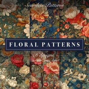 Puede incluir: Seis patrones florales sin costuras en una variedad de colores y estilos. Los patrones presentan flores, hojas y enredaderas. El texto "Floral Patterns" y "6 designs" se muestra en la imagen.