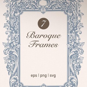 May include: A decorative rectangular frame featuring intricate blue floral and leaf patterns. The frame encloses a blank space with the text "7 Baroque Frames" and file type information. The background is a pale beige colour.