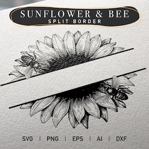 Puede incluir: Ilustración en blanco y negro de un girasol con dos abejas a cada lado de la flor. El girasol está dividido por la mitad con un espacio en blanco en el medio. El texto "SUNFLOWER & BEE SPLIT BORDER" está en la parte superior de la imagen.