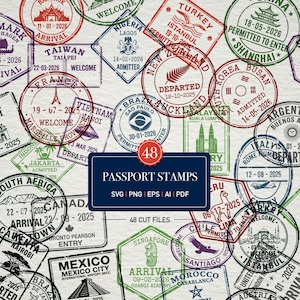May include: A collection of 48 passport stamps in various colors and shapes, featuring international city names, dates, and icons. A central dark blue rectangular label displays the text 48 PASSPORT STAMPS SVG PNG EPS AI PDF.