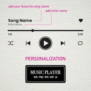 May include: A digital music player graphic with a play button, song progress bar, and time indicators. The design includes prompts to add a song name and artist, with the word "PERSONALIZATION" and "MUSIC PLAYER" displayed.