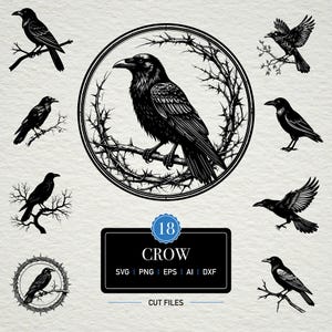 18 Crow SVG Bundle Raven Clipart | Crows with Branches PNG | Gothic Bird Silhouette Cut Files for Cricut & Sublimation Tattoo Crow Outdoors