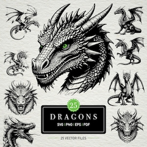 Op de afbeelding: Een verzameling van 25 drakenillustraties in zwart en wit. De ontwerpen omvatten gedetailleerde drakenkoppen, volledige draken en draken in vlucht. De afbeelding toont een centrale drakenkop met groene ogen en een rechthoekige afbeelding met het woord "DRAGONS".