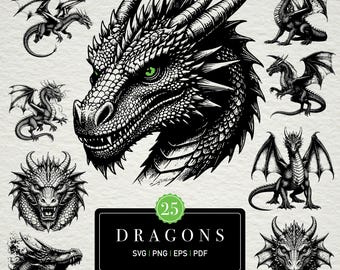 Dragon SVG Bundle: Detailed Fantasy Clipart 25 Designs (Digital Download)
