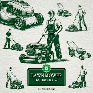 Pode incluir: Ilustrações em estilo vintage em verde e branco de cortadores de grama e pessoas usando-os. A imagem inclui um letreiro retangular com o texto "12 LAWN MOWER SVG | PNG | EPS | AI VINTAGE DESIGNS".