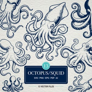 Könnte beinhalten: Marineblaue Tintenfisch- und Tintenfisch-Illustrationen im Vintage-Stil. Das Bild zeigt detaillierte Zeichnungen von Tintenfischen und einem Tintenfisch, mit einem dunkelblauen Etikett mit der Aufschrift "OCTOPUS/SQUID" und "13 VECTOR FILES".