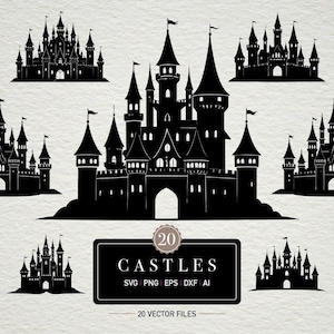 May include: A collection of black castle silhouettes with various architectural designs. The image includes a rectangular sign with the word "CASTLES" and file type abbreviations. The image contains 20 vector files.
