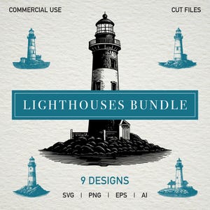 May include: A set of nine black and white lighthouse illustrations. The lighthouses are drawn in a vintage style and are set against a white background. The text "Lighthouses Bundle" and "9 Designs" is included in the image.