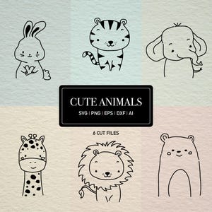 May include: A digital illustration featuring six cute animal designs: a rabbit, tiger, elephant, giraffe, lion, and bear. The animals are drawn in a simple black line art style. The text "CUTE ANIMALS" is displayed on a black rectangle, along with file type information.