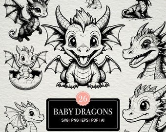 ベビードラゴンSVGバンドル ファンタジーラインアート | Cricut、ステッカー、キッズクラフト、プリント用の26種類の漫画ドラゴンベクターイラスト