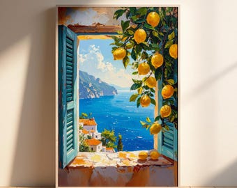 Lemon Window Seascape Painting | Italian Coastal Print (Digital Download)