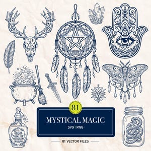 Puede incluir: Una colección de ilustraciones de línea azul oscuro que incluye un cráneo de ciervo, atrapasueños con pentagrama, mano de Hamsa, polilla, caldero burbujeante, escoba, daga, cristales, botella con la etiqueta Elixir of Vitality y una serpiente en un frasco.