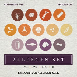 Può includere: Set di 13 icone colorate che rappresentano comuni allergeni alimentari. Le icone includono grano, noci, crostacei, soia, latticini, uova, pesce, arachidi e altro ancora. Le icone sono bianche su uno sfondo colorato e sono disposte in una griglia.