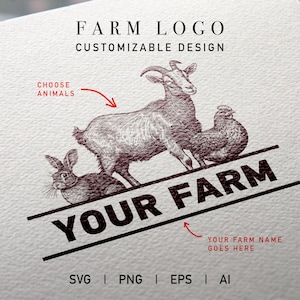 May include: A customizable farm logo design featuring a goat, a chicken, and a rabbit. The logo includes the text "YOUR FARM" and a space for the farm name.