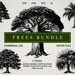 May include: A set of nine black and white vector illustrations of different trees, including a banyan, baobab, cherry blossom, coconut, eucalyptus, maple, oak, pine, and willow. The trees are drawn in a vintage style and are perfect for use in design projects.