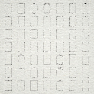 May include: A set of 48 hand-drawn doodle frames in black ink. The frames are various shapes and sizes, with some having decorative flourishes.