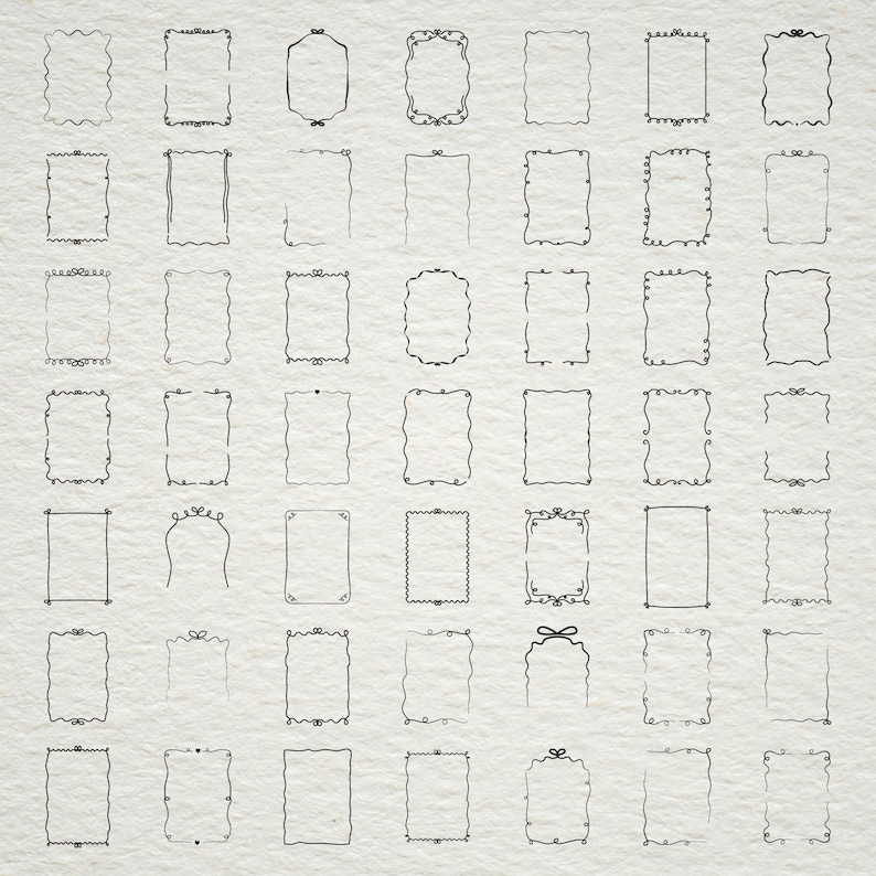 May include: A set of 48 hand-drawn doodle frames in black ink. The frames are various shapes and sizes, with some having decorative flourishes.
