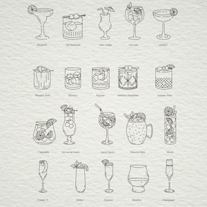 May include: A black and white line drawing illustration of 15 different cocktails, including a margarita, old fashioned, pina colada, gin tonic, daiquiri, whiskey sour, whiskey, negroni, bourbon manhattan, amaretto sour, caipirinha, sex on the beach, aperol spritz, moscow mule, mojito, french 75, bellini, mimosa, bourbon, and champagne.