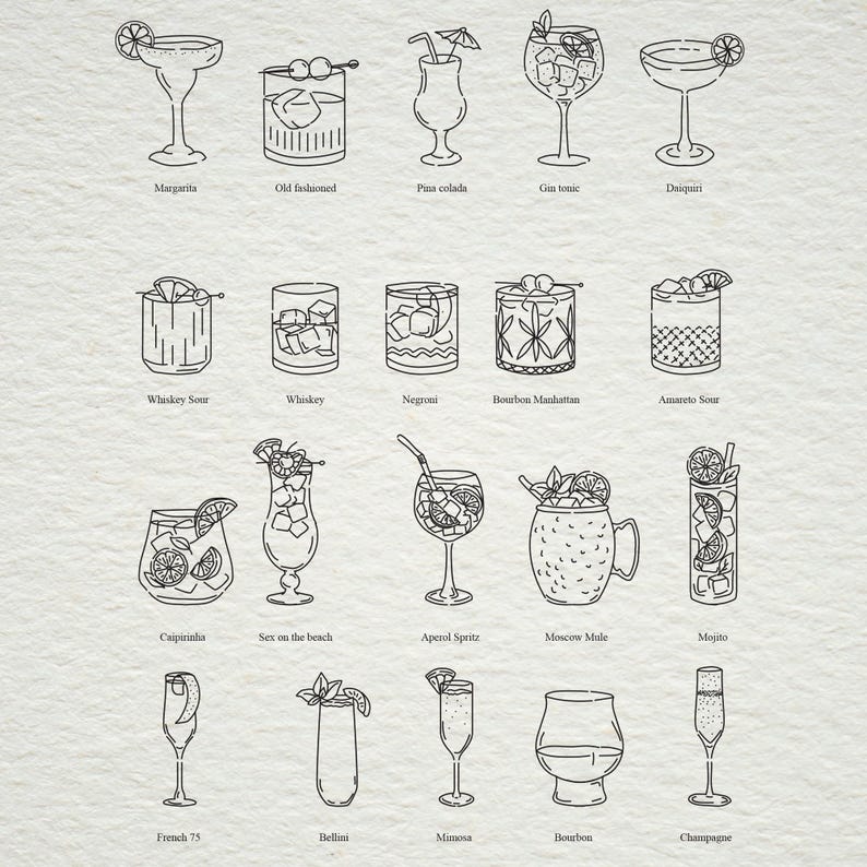 May include: A black and white line drawing illustration of 15 different cocktails, including a margarita, old fashioned, pina colada, gin tonic, daiquiri, whiskey sour, whiskey, negroni, bourbon manhattan, amaretto sour, caipirinha, sex on the beach, aperol spritz, moscow mule, mojito, french 75, bellini, mimosa, bourbon, and champagne.