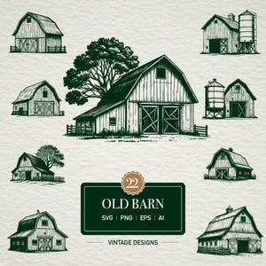 May include: A collection of vintage-style illustrations of old barns, rendered in black and white. The designs include various barn structures, some with silos and trees. The image also features a dark green rectangular label with the text "OLD BARN" and "VINTAGE DESIGNS".