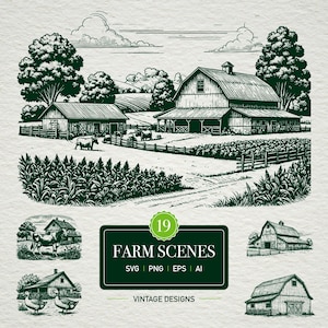 Peut inclure: Un ensemble de 19 illustrations vintage de scènes de ferme, mettant en scène des granges, des animaux de ferme et des paysages ruraux. Les illustrations sont en noir et blanc et ont un style dessiné à la main. Le texte "FARM SCENES" est affiché dans une bannière en bas de l'image. Le texte "SVG | PNG | EPS | AI" est affiché sous la bannière. Le texte "VINTAGE DESIGNS" est affiché sous le texte "SVG | PNG | EPS | AI".