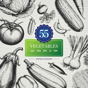 May include: Black and white vintage-style illustration of various vegetables, including a tomato, cabbage, cucumber, and zucchini. The image includes text that reads "55 VEGETABLES" and "VINTAGE DESIGNS".