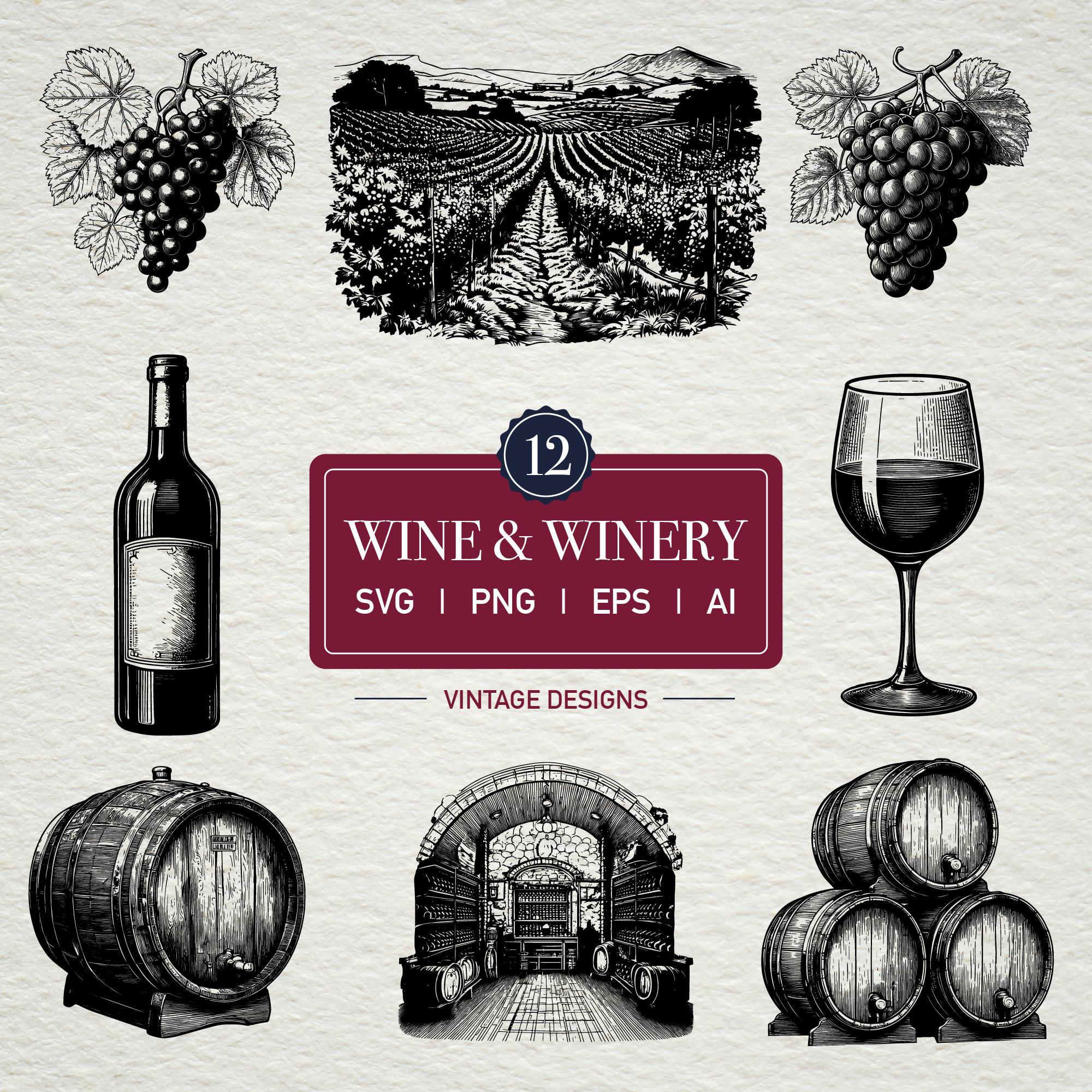 Wine and Winery Bundle SVG Vineyard Clipart Drink Illustrations Line Wedding PNG Wedding Drink Menu Cut Files Cricut Grapevine Wine Clipart