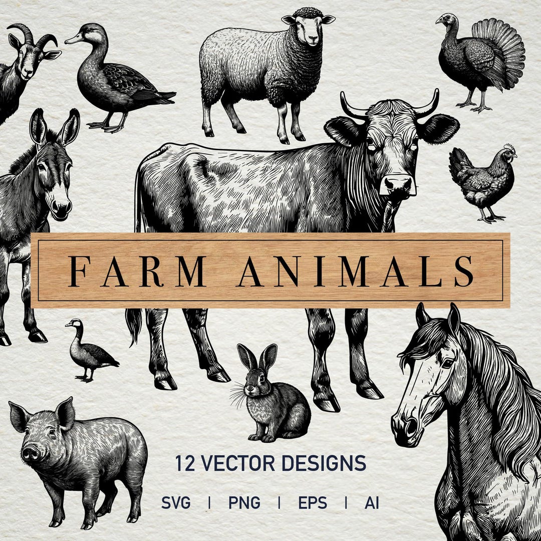 Vintage Farm Animals Clipart: SVG PNG Bundle (digital Download) - Etsy