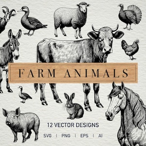 Vintage 12 Farm Animals PNG SVG Bundle Clipart Silhouette svg Chicken Cow Donkey Sheep Rabbit Horse Pig Turkey Goat Dog Cut Files Cricut PNG