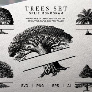 May include: A set of black and white illustrations of different trees, including a banyan, baobab, cherry blossom, coconut, eucalyptus, maple, oak, pine, and willow. The trees are split in half, with a blank space in the middle for a monogram. The text "TREES SET SPLIT MONOGRAM" is at the top of the image. The text "BANYAN, BAOBAB, CHERRY BLOSSOM, COCONUT EUCALYPTUS, MAPLE, OAK, PINE, WILLOW" is below the trees. The text "SVG | PNG | EPS | AI" is at the bottom of the image.