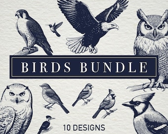 May include: A set of 10 vector illustrations of popular birds for birdwatching. The illustrations are in black and white and feature a variety of birds, including an owl, a blue jay, a cardinal, and a hummingbird. The text "BIRDS BUNDLE" is displayed in a banner across the top of the image. The text "10 DESIGNS" is displayed in a banner across the bottom of the image. The text "SVG | PNG | EPS | AI" is displayed below the banner.