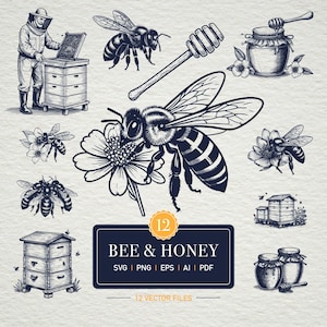 May include: Monochrome illustrations featuring bees, honey-related items, and a beekeeper. The image includes the text "BEE & HONEY" and file type formats. A collection of 12 vector files.