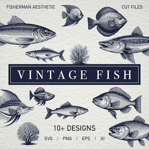 May include: A collection of vintage fish illustrations in black and white. The illustrations are in a detailed, engraved style and include a variety of fish species. The text "Vintage Fish" is displayed in a banner at the top of the image. The text "10+ Designs" is displayed at the bottom of the image, along with the file types available for download: SVG, PNG, EPS, and AI.