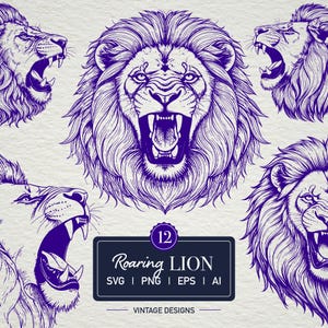 12 Roaring Lions Vector SVG Bundle SVG Cut Files Cricut PNG Animal Lovers Gift Sketch Lion Clipart Vintage Illustrations Cute Lion Logo
