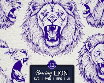 Roaring Lion Vector SVG Bundle: Vintage Lion Illustrations (Digital Download)