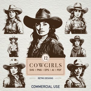 Retro Cowgirl SVG Bundle Cut Files SVG Cricut PNG Digital Clipart svg Vintage Boho Western Chic Woman Silhouette Illustration Country Cowboy