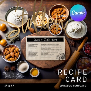 Puede incluir: Una tarjeta de receta para el pan de Navidad Stollen, con ingredientes e instrucciones. La tarjeta está sobre una tabla de madera, rodeada de cuencos de harina, almendras y otros ingredientes para hornear. La tarjeta mide 15 cm x 10 cm y es una plantilla editable.